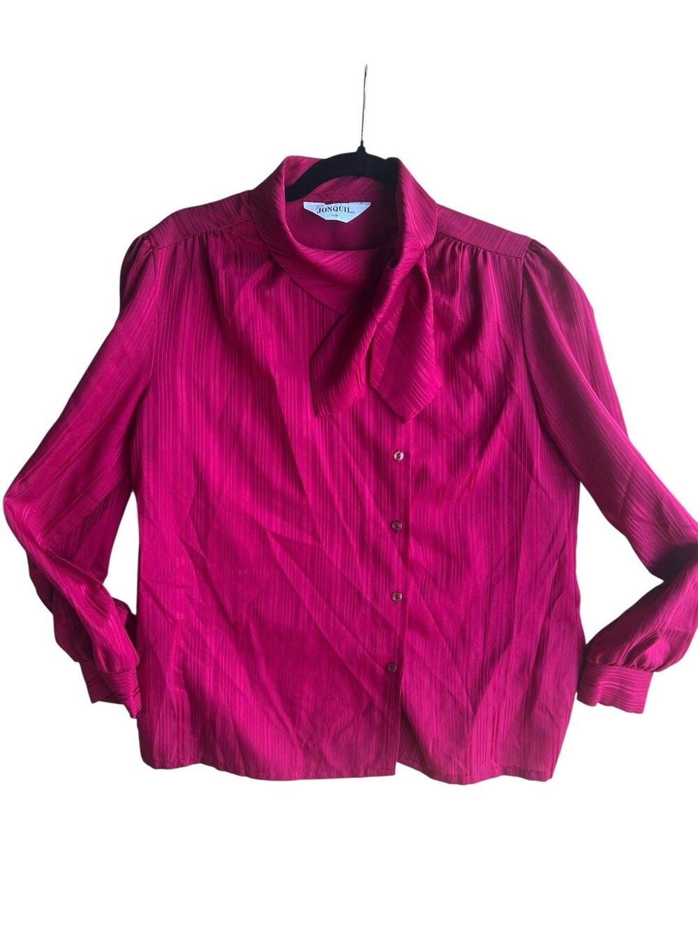 Vintage Jonquil Women's 14 Retro Bow Secretary Glam Blouse Button Up Pink Stripe